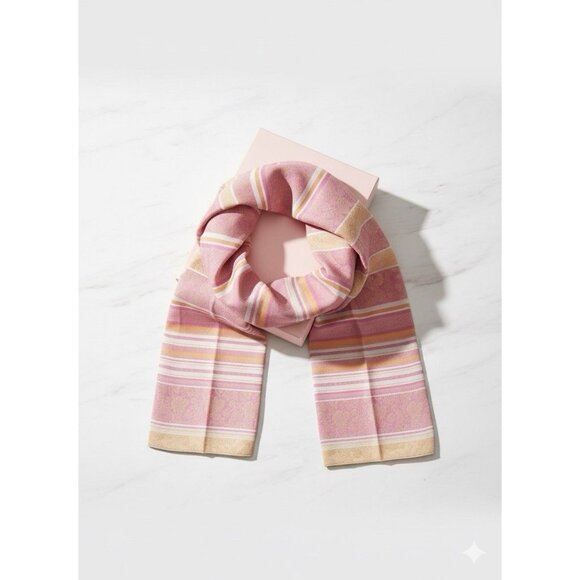 Pink Yellow Striped Floral Jacquard Long Oblong Silk Scarf Womens Vtg 80s - Picture 1 of 3